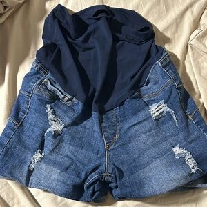 Maternity Blue Jean shorts with frays/rips.